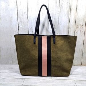 Neiman Marcus XL Olive Green Velvet Pink Black Stripe Open Top Shoulder Tote Bag